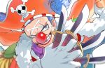 1boy absurdres blue_eyes blue_hair buggy_the_clown clown_nose facepaint gloves hat highres makeup mygiorni one_piece parted_lips pirate_hat teeth twitter_username weapon white_gloves 