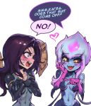  2girls :d bangs black_bodysuit black_sclera blush bodysuit colored_sclera detached_wings english_text evelynn_(league_of_legends) fangs grey_bodysuit hands_up heart kai&#039;sa league_of_legends long_hair looking_at_another multiple_girls navel open_mouth orange_eyes parted_bangs phantom_ix_row pink_hair purple_hair shiny shiny_hair slit_pupils smile speech_bubble teeth tongue upper_teeth wings 