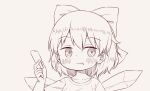  1girl arinu blush bow cirno closed_mouth collarbone detached_wings fairy food hair_between_eyes hair_bow holding holding_food ice ice_wings monochrome popsicle shirt short_hair short_sleeves solo touhou wings 