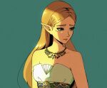  1girl bangs bare_shoulders blonde_hair breasts dress gold_necklace green_background green_eyes highres jewelry long_hair looking_to_the_side medium_breasts necklace parted_bangs pointy_ears princess_zelda softp3ach solo strapless strapless_dress the_legend_of_zelda the_legend_of_zelda:_breath_of_the_wild thick_eyebrows triforce upper_body white_dress 