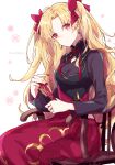  1girl bangs blonde_hair bow breasts chair character_name earrings ereshkigal_(fate) fate/grand_order fate_(series) hair_bow highres jewelry kak_hac long_hair long_sleeves looking_at_viewer medium_breasts parted_bangs red_bow red_eyes red_nails shiny shiny_hair sitting two_side_up white_background 