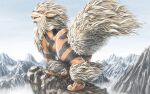  animal_focus arcanine closed_eyes commentary_request day fang from_behind mountain mountainous_horizon outdoors pokemon pokemon_(creature) sky smile standing yajishin30 