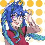  1girl @_@ adjusting_eyewear ahoge alternate_costume alternate_hairstyle animal_ears bangs beret blue_hair bow bowtie braid brown_shirt crossed_bangs glasses green_bow green_bowtie hair_ornament hairclip hand_up hat horse_ears long_hair long_sleeves looking_at_viewer modjiro multicolored_eyes open_mouth round_eyewear sharp_teeth shirt smile solo teeth twin_braids twin_turbo_(umamusume) umamusume upper_body upper_teeth v-neck violet_eyes white_headwear 