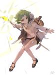  1girl absurdres black_shorts closed_mouth elf female_child full_body green_hair highres holding holding_staff holding_weapon hood jacket long_sleeves mushoku_tensei open_clothes open_jacket papa_(839171447) pointy_ears red_eyes shoes short_hair shorts solo staff sylphiette_(mushoku_tensei) thighs weapon white_jacket 