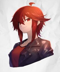  1girl absurdres ahoge black_jacket breasts commentary_request ear_piercing highres jacket leather leather_jacket medium_breasts ohako_(ohako1818) original piercing red_eyes red_shirt redhead shirt short_hair short_hair_with_long_locks sidelocks smile upper_body white_background 