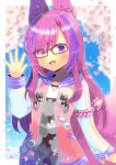  1girl :d animal_ear_fluff animal_ears black_dress blush brown-framed_eyewear collarbone commentary_request commission copyright_request dress glasses hand_up heterochromia jacket kou_hiyoyo long_hair long_sleeves looking_at_viewer multicolored_hair open_clothes open_jacket petals pink_eyes pink_hair pink_jacket purple_hair skeb_commission sleeves_past_wrists smile solo streaked_hair tail very_long_hair violet_eyes 