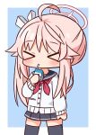  &gt;_&lt; 1girl ahoge bangs black_sailor_collar black_skirt black_thighhighs blue_archive blue_background blush cardigan chibi closed_eyes closed_mouth drinking_straw facing_viewer halo hana_kazari hand_up highres holding long_sleeves milk_carton natsu_(blue_archive) neckerchief pink_hair pleated_skirt puffy_long_sleeves puffy_sleeves red_neckerchief sailor_collar side_ponytail skirt sleeves_past_wrists solo thigh-highs two-tone_background white_background white_cardigan 