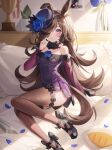 1girl absurdres animal_ears bangs bed black_hair commentary_request flower hair_over_one_eye hat highres horse_ears long_bangs long_hair looking_at_viewer petals pillow ppeach rice_shower_(umamusume) rose solo thigh-highs trophy umamusume violet_eyes 