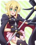  1girl akatsuki_kirika alternate_costume bardiche black_leotard black_thighhighs blonde_hair breasts cape cosplay fate_testarossa fate_testarossa_(cosplay) green_eyes highres leotard looking_at_viewer lyrical_nanoha mahou_shoujo_lyrical_nanoha mahou_shoujo_lyrical_nanoha_a&#039;s medium_breasts open_mouth pink_skirt scythe senki_zesshou_symphogear shiny shiny_hair shiny_skin short_hair showgirl_skirt skirt smile solo thigh-highs yosuzu 