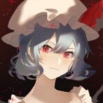 1girl blue_hair chinese_commentary closed_mouth commentary_request eyebrows_hidden_by_hair fang fang_out hat hat_ribbon jaggy_lines looking_at_viewer mob_cap portrait red_eyes red_ribbon remilia_scarlet ribbon satonishi short_hair slit_pupils smile solo touhou white_headwear 