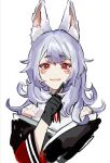  1girl animal_ear_fluff animal_ears bangs black_gloves black_kimono black_ribbon fox_ears fox_girl gloves grey_hair ikow japanese_clothes kimono medium_hair neck_ribbon nijisanji nijisanji_en nina_kosaka off_shoulder parted_lips pointing portrait red_eyes red_ribbon ribbon sketch smile solo virtual_youtuber white_background 