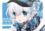  1boy androgynous bloomminority blue_background blue_eyes fantasy flower hair_flower hair_ornament hair_ribbon hat highres looking_at_viewer multicolored_background open_mouth original otoko_no_ko pointy_ears ribbon short_hair solo white_background white_hair 