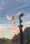  1girl absurdres angel angel_wings barefoot black_hair blue_sky chinese_commentary clouds commentary_request day dress flying highres hua_ming_wink long_hair nature original outdoors sky sleeveless sleeveless_dress solo statue white_dress wings 