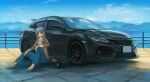  1girl blue_pants brown_jacket car dog grey_hair ground_vehicle highres honda jacket long_hair momo_hiki motor_vehicle open_clothes open_jacket original outdoors pants personification sitting solo vehicle_request 