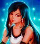  1girl absurdres bare_shoulders black_hair closed_mouth crop_top detached_sleeves earrings final_fantasy final_fantasy_vii final_fantasy_vii_remake highres jewelry long_hair looking_at_viewer red_eyes red_lips signature solo tank_top teardrop_earring tifa_lockhart upper_body white_tank_top xriviia 
