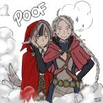  2girls ahoge animal_ears armor artist_name bangs black_hair blue_eyes blush braid capelet chest_harness colorfag commentary_request dlanon fire_emblem fire_emblem_fates grey_hair greyscale hand_on_another&#039;s_cheek hand_on_another&#039;s_face hand_on_hip harness hood hooded_capelet leather long_braid long_hair looking_at_viewer low_twintails monochrome multicolored_hair multiple_girls nina_(fire_emblem) o-ring parted_bangs red_eyes smile smoke sparkle tail tail_wagging twin_braids twintails two-tone_hair upper_body velouria_(fire_emblem) wolf_ears wolf_tail 