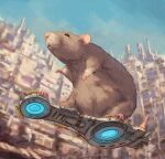  1other aircraft animal claws closed_mouth floating flying highres mountain mouse nejumipro no_humans original outdoors riding science_fiction sky whiskers 