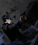  1boy back bangs bird black_eyes black_hair closed_mouth cofffee command_spell crow crowd emiya_kiritsugu expressionless facial_hair fate/zero fate_(series) formal gun handgun holding holding_gun holding_weapon light_particles looking_away male_focus necktie solo stubble suit thompson/center_contender upper_body weapon 