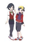  2boys absurdres apron bangs black_hair borrowed_garments buttons calem_(pokemon) capri_pants closed_mouth commentary_request ethan_(pokemon) grey_eyes grey_pants hand_up hat highres jacket long_sleeves looking_at_viewer male_focus multiple_boys open_mouth pants pokemon pokemon_(game) pokemon_hgss pokemon_xy purple_scarf red_jacket red_vest sana_(37pisana) scarf shirt shoes short_hair sleeves_rolled_up smile standing vest waist_apron white_footwear white_shirt 