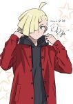  1boy ahoge alternate_costume bangs black_hoodie blonde_hair buttons closed_mouth coat commentary_request dated ear_piercing gladion_(pokemon) green_eyes hair_over_one_eye hands_up highres hood hoodie long_sleeves male_focus one-hour_drawing_challenge open_clothes open_coat piercing pokemon pokemon_(game) pokemon_sm red_coat short_hair signature solo star_(symbol) tamura_(kouititamura) upper_body white_background 