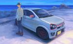  1boy baseball_cap blue_pants car ground_vehicle hat highres long_sleeves male_focus momo_hiki motor_vehicle ocean original outdoors pants personification plaid plaid_shirt shirt shoes sneakers solo standing suzuki_(company) vehicle_focus vehicle_request 