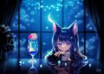  1girl animal_ears arms_on_table bangs black_hair black_shirt bright_pupils cat_ears cat_girl cherry closed_mouth clouds crescent_moon cup curtains drinking_glass expressionless food fruit head_rest ice ice_cream ice_cream_float ice_cube long_hair looking_at_viewer mariko_(leda) moon night original plant reflection reflective_table sailor_collar sailor_shirt shirt sleeve_cuffs solo star_(sky) star_(symbol) string_lights upper_body violet_eyes white_pupils 