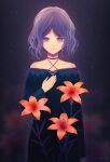  1girl bangs black_dress collarbone colored_eyelashes criss-cross_halter dress flower halterneck highres long_hair long_sleeves off-shoulder_dress off_shoulder orange_flower original parted_bangs parted_lips purple_hair signature solo standing straight_hair violet_eyes yuhack 