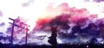 1girl akyuun bow clouds cloudy_sky english_commentary field gohei hair_bow hakurei_reimu highres holding_gohei landscape light_particles scenery shide silhouette skirt sky solo sunlight torii touhou wide_shot 