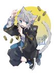  1boy animal_ears black_hair bloomminority blue_eyes cat_boy cat_ears cat_tail fantasy fish full_body highres long_sleeves looking_at_viewer male_focus multicolored_background nail_polish original pants shoes sneakers solo tail white_background yellow_background 