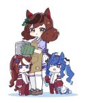  3girls ahoge animal_ears apron bangs black_hair blue_eyes blue_hair blue_shirt blush bow brown_apron brown_footwear brown_hair chibi colored_shadow commentary cooking_pot ear_bow frilled_skirt frills green_bow hair_between_eyes highres holding holding_stuffed_toy horse_ears horse_girl horse_tail jacket loafers long_sleeves looking_at_viewer multicolored_hair multiple_girls nice_nature_(umamusume) nozo_(hitomiz) open_mouth oven_mitts pants parted_lips pleated_skirt ponytail puffy_long_sleeves puffy_short_sleeves puffy_sleeves red_jacket red_pants school_uniform shadow sharp_teeth shirt shoes short_sleeves simple_background skirt sleeves_past_wrists smile standing streaked_hair stuffed_animal stuffed_bunny stuffed_toy tail tears teeth thigh-highs tokai_teio_(umamusume) tracen_school_uniform track_jacket track_pants track_suit twin_turbo_(umamusume) twintails umamusume white_background white_hair white_skirt white_thighhighs 