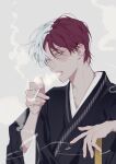  1boy black_kimono blue_eyes boku_no_hero_academia burn_scar cigarette denpa0304 grey_background grey_eyes hair_between_eyes heterochromia highres holding holding_cigarette japanese_clothes kimono looking_at_viewer male_focus multicolored_hair parted_lips redhead scar scar_across_eye short_hair smoke smoking solo todoroki_shouto two-tone_hair white_hair 