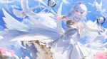  bird blue_sky clouds dove dress drone feathers flower frilled_dress frills gold_trim halo highres liv_(punishing:_gray_raven) looking_at_viewer non-web_source punishing:_gray_raven ribbon sky smile white_dress white_hair wings 