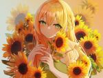  1girl absurdres blush braid closed_mouth eyelashes flower green_eyes hair_between_eyes highres hilu0118 holding holding_flower long_eyelashes long_hair looking_at_viewer multicolored_hair orange_hair original puffy_sleeves solo sunflower yellow_flower 