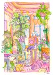  2015 artist_name basket blue_flower cat closed_eyes closed_mouth english_commentary flower indoors looking_at_viewer multiple_cats no_humans open_mouth original painting_(medium) pink_fur plant potoh potted_plant scratching_post sleeping table traditional_media watercolor_(medium) white_fur window 