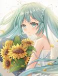  1girl :o absurdres aqua_eyes bangs bare_shoulders blush bouquet dress flower hatsune_miku highres holding holding_bouquet hutaba_miyagi light_particles light_rays long_hair looking_at_viewer open_mouth sleeveless sleeveless_dress solo sunbeam sunflower sunlight upper_body very_long_hair vocaloid white_dress 