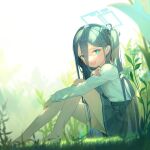  1girl absurdly_long_hair arisu_(blue_archive) bare_legs barefoot black_hair black_hairband blue_archive blue_eyes blue_necktie bright_pupils dark_blue_hair doribae hair_between_eyes hairband halo highres long_hair necktie on_grass on_ground one_side_up outdoors pleated_skirt ringed_eyes sitting skirt solo very_long_hair white_pupils 