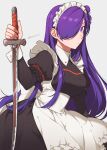  1girl alternate_costume apron black_dress breasts closed_mouth commentary_request dress enmaided fire_emblem fire_emblem:_three_houses fire_emblem_warriors:_three_hopes grey_background hair_bun hair_over_one_eye highres holding holding_sword holding_weapon juliet_sleeves katana long_hair long_sleeves looking_at_viewer maid maid_apron maid_headdress medium_breasts one_eye_covered peach11_01 puffy_sleeves purple_hair shez_(fire_emblem) shez_(fire_emblem)_(female) simple_background single_hair_bun solo sword twitter_username very_long_hair waist_apron weapon white_apron 