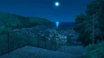  absurdres building bush city city_lights commentary_request forest full_moon highres hill horizon moon nature night night_sky no_humans original outdoors power_lines railing scenery shooting_star sky stairs star_(sky) starry_sky tree utility_pole water xingzhi_lv 