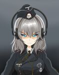  absurdres angry black_dress blue_eyes breasts cable dress earphones german_clothes girls_und_panzer highres itsumi_erika looking_at_viewer medium_breasts military military_uniform necktie non-web_source shaded_face uniform white_hair 