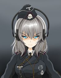  absurdres angry black_dress blue_eyes breasts cable dress earphones german_clothes girls_und_panzer highres itsumi_erika looking_at_viewer medium_breasts military military_uniform necktie non-web_source shaded_face uniform white_hair 