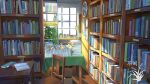  book bookshelf box cardboard_box chair clock commentary_request day highres indoors lamp light_rays no_humans open_book original pencil picture_frame plant potted_plant scrunchie shelf sunlight table watermark window xingzhi_lv 