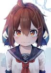  1girl absurdres adapted_costume ahoge alternate_sleeve_length anchor_symbol angry black_sailor_collar brown_eyes brown_hair fang hair_ornament hairclip highres ikazuchi_(kancolle) kantai_collection looking_at_viewer neckerchief red_neckerchief sailor_collar school_uniform serafuku short_hair skin_fang solo taisho_(gumiyuki) upper_body wavy_mouth 