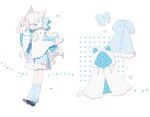  1girl :d animal_ear_fluff animal_ears bangs bell black_footwear blue_bow blue_dress blue_eyes blue_socks bow bracelet breast_pocket cape cat_ears cat_girl chinese_text commission drawstring dress flower frilled_dress frills full_body hair_between_eyes hair_bow hair_ornament hairclip hand_up heart hood hood_down hooded_cape jewelry jingle_bell long_hair looking_at_viewer open_hand original pocket polka_dot short_sleeves simple_background smile socks solo standing white_background white_cape white_flower white_hair wmikawa x_hair_ornament 