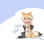  1girl animal_costume black_jacket blonde_hair closed_mouth coyote_(kemono_friends) coyote_ears coyote_girl coyote_tail gloves hair_dryer highres jacket kemono_friends kemono_friends_v_project kneehighs mcgunngu microphone shirt shoes short_hair simple_background skirt sleeveless sleeveless_shirt socks solo tail virtual_youtuber yellow_eyes 