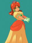  1girl breasts brown_hair cowboy_shot crown dress earrings flower_earrings gloves green_background green_eyes highres jewelry long_dress long_hair looking_at_viewer medium_breasts mini_crown own_hands_together princess_daisy puffy_short_sleeves puffy_sleeves short_sleeves smile softp3ach solo stretching super_mario_bros. white_gloves yellow_dress 