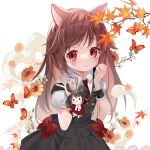  1girl amafuyu animal animal_ears autumn_leaves black_dress black_hair braid branch brown_hair bug butterfly character_doll collared_shirt commentary_request dress flower highres holding leaf long_hair maple_leaf necktie original puffy_short_sleeves puffy_sleeves rabbit_ears red_necktie shirt short_necktie short_sleeves sleeveless sleeveless_dress solo strap_slip twin_braids very_long_hair white_background white_flower white_shirt wrist_cuffs 