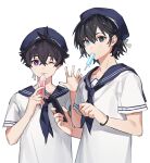  2boys ajiro_shinpei alternate_costume anchun_(quail0503) bangs black_eyes black_hair blue_eyes blue_headwear blue_sailor_collar cellphone chinese_commentary closed_mouth commentary_request crossed_bangs eating food food_in_mouth hair_between_eyes hand_up hat heterochromia highres holding holding_food holding_phone looking_at_viewer male_focus minakata_ryuunosuke mouth_hold multiple_boys one_eye_closed phone popsicle popsicle_in_mouth sailor_collar sailor_hat sailor_shirt shirt short_hair short_sleeves simple_background smile standing summertime_render tupet upper_body violet_eyes white_background white_shirt 