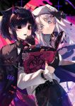  2boys androgynous black_eyes black_hair blue_eyes book colored_eyelashes demon_boy demon_horns eita_789 fashion fumi_(eita_789) gloves gothic haku_(eita_789) harajuku_fashion highres holding holding_book horns long_hair long_sleeves male_focus multiple_boys open_mouth original otoko_no_ko pentagram short_hair wavy_hair white_hair 