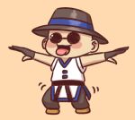  1boy belt black_belt black_headwear black_pants blush_stickers chibi choi_bounge commentary dancing diyap dobok full_body male_focus motion_lines outstretched_arms pants round_eyewear simple_background solo sunglasses the_king_of_fighters tongue tongue_out 