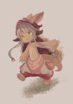  1girl animal_ears child closed_mouth commentary_request female_child full_body furry hat horizontal_pupils l_rmn6 long_hair made_in_abyss nanachi_(made_in_abyss) outstretched_arms rabbit_ears solo stomach topless walking white_hair yellow_eyes 